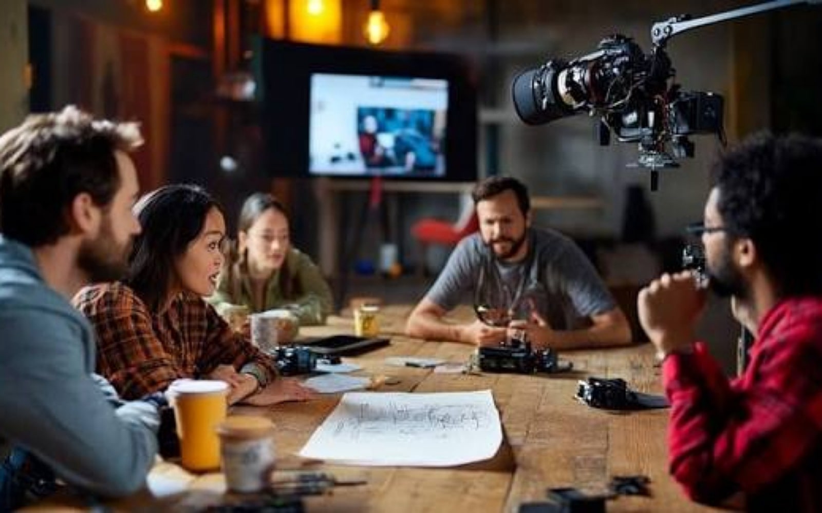 Creative team filming a professional promotional video with studio lighting